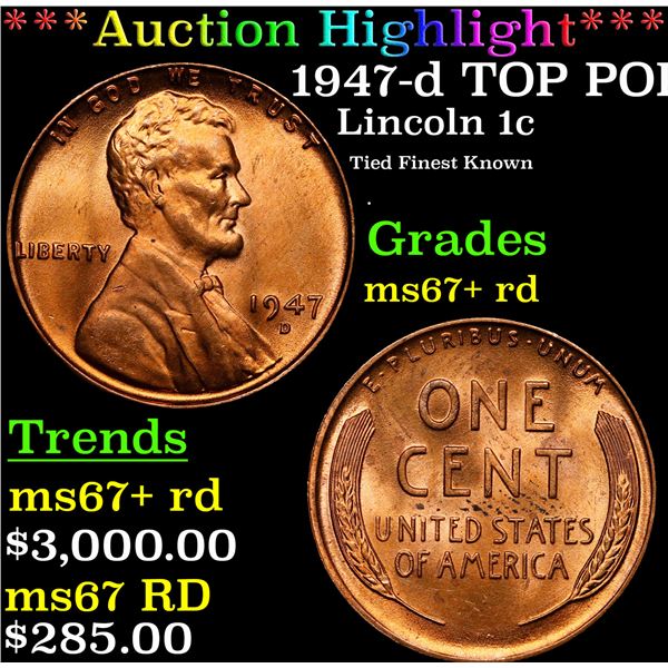 **Auction Highlight*** 1947-d Lincoln Cent TOP POP! 1c Graded GEM++ RD By USCG (fc)