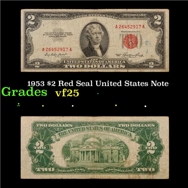 1953 $2 Red Seal United States Note Grades vf+