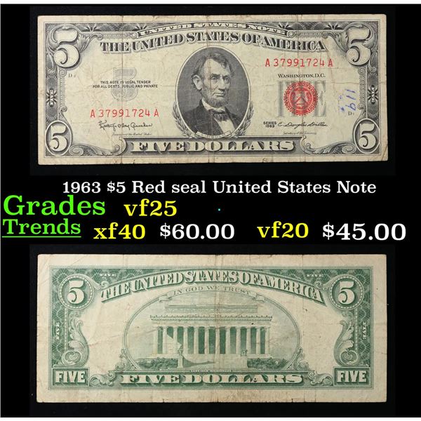 1963 $5 Red seal United States Note Grades vf+