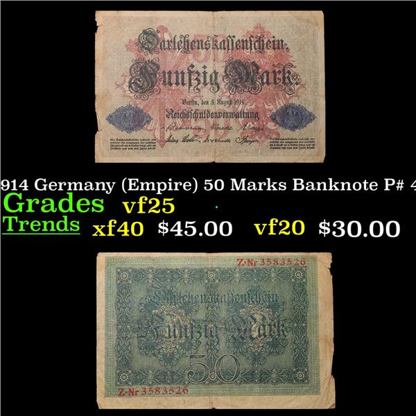 1914 Germany (Empire) 50 Marks Banknote P# 49b Grades vf+
