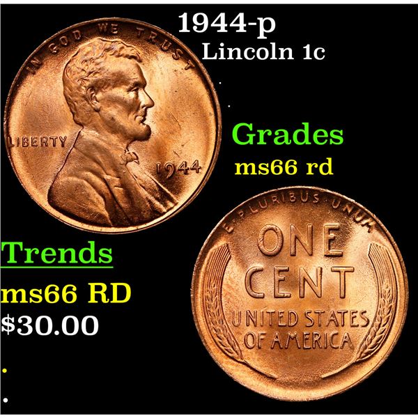 1944-p Lincoln Cent 1c Grades GEM+ Unc RD