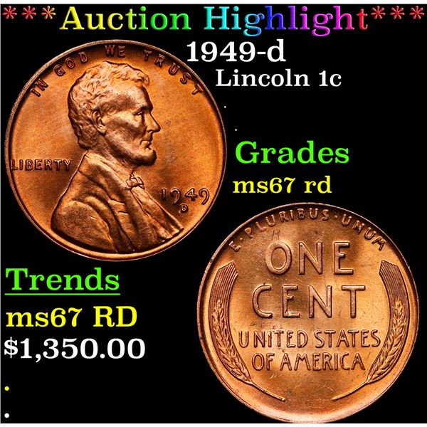 **Auction Highlight*** 1949-d Lincoln Cent 1c Graded GEM++ Unc RD By USCG (fc)