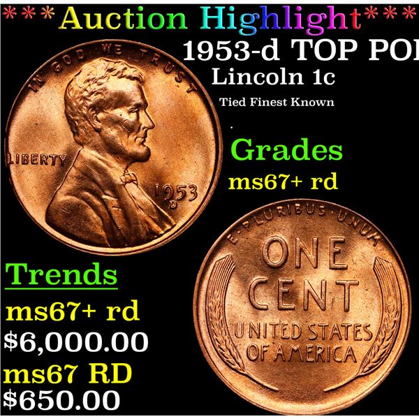 **Auction Highlight*** 1953-d Lincoln Cent TOP POP! 1c Graded GEM++ RD By USCG (fc)