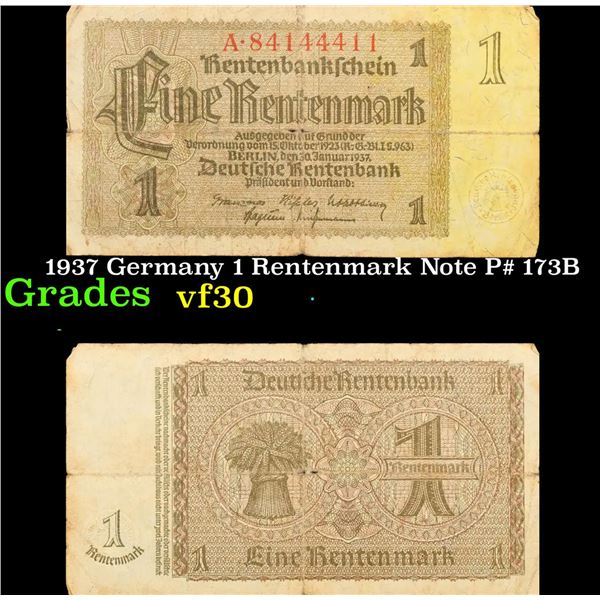 1937 Germany 1 Rentenmark Note P# 173B Grades vf++