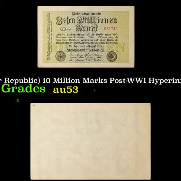 1923 Germany (Weimar Republic) 10 Million Marks Post-WWI Hyperinflation Banknote P# 106a Grades Sele