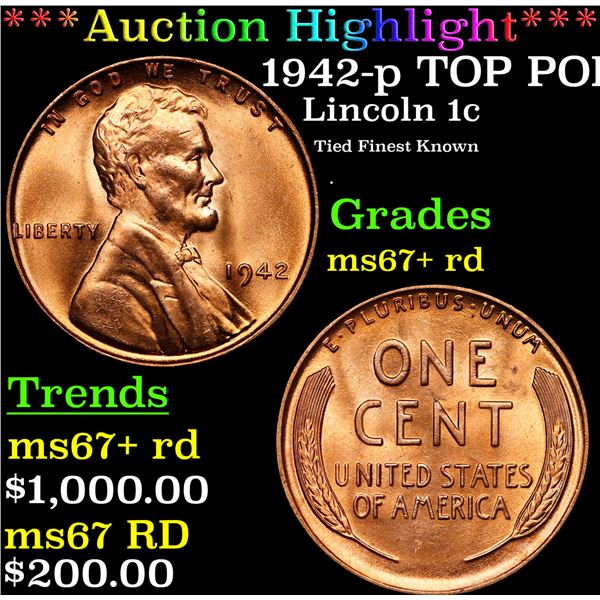 1942-p Lincoln Cent TOP POP! 1c Graded GEM++ RD By USCG