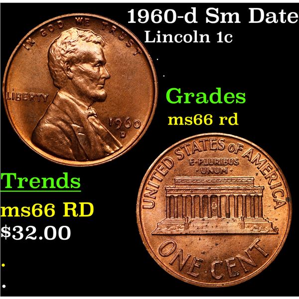 1960-d Sm Date Lincoln Cent 1c Grades GEM+ Unc RD