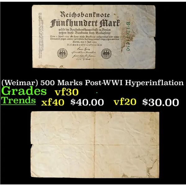 1922 Germany (Weimar) 500 Marks Post-WWI Hyperinflation Banknote P# 74c Grades vf++