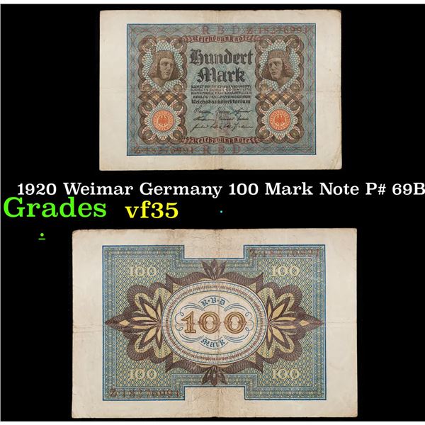 1920 Weimar Germany 100 Mark Note P# 69B Grades vf++