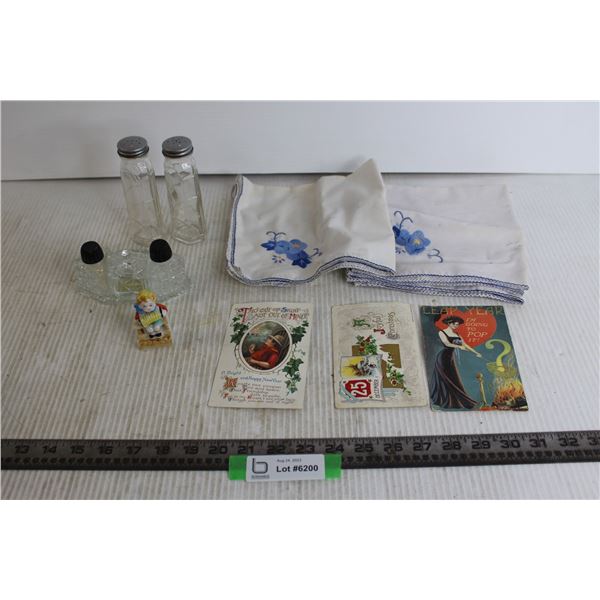 (3) Postcards, (2) Salt and Pepper Shaker Sets, Misc.