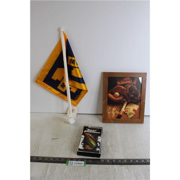 Michigan Collegiate Flag, The Fast and the Furious Special Edition VHS Tape, Baseball Framed Photo -