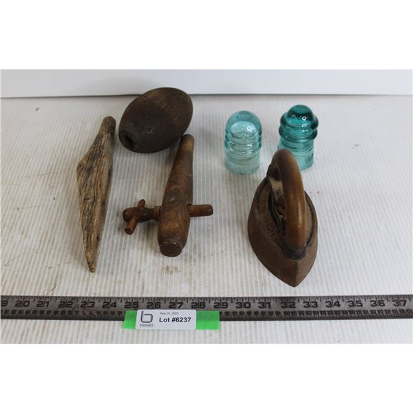 (2) Glass Insulators, Spigot, Misc.