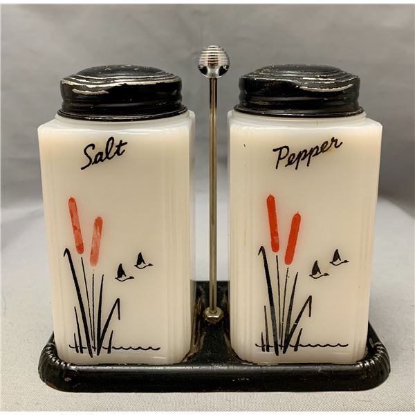 Tips Company Enameled Milk Glass Large Salt & Pepper Shaker Set with Original Metal Caddy (Rare)