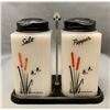 Image 1 : Tips Company Enameled Milk Glass Large Salt & Pepper Shaker Set with Original Metal Caddy (Rare)