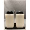 Image 3 : Tips Company Enameled Milk Glass Large Salt & Pepper Shaker Set with Original Metal Caddy (Rare)