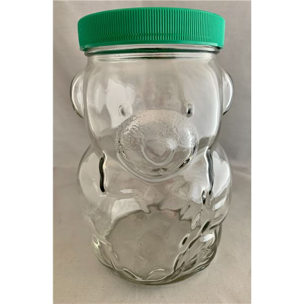 KRAFT Large Glass Bear Peanut Butter Jar with RARE Original Green Piggy Bank Slot Lid (1988)