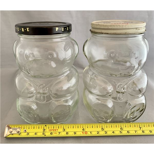 (2) KRAFT Small Glass Bear Peanut Butter Jars with Original Tin Lids