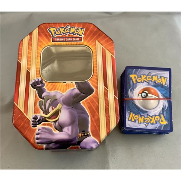 Pokémon Tin with ~80 Well-Used Pokémon Cards