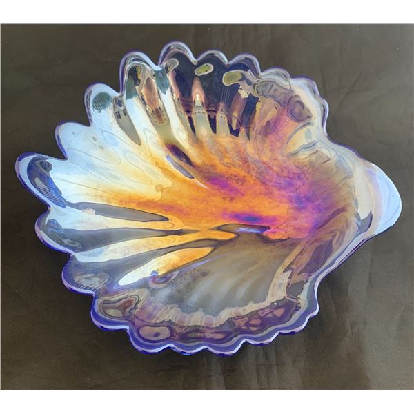 Mid-century Modern Art Glass 1960s Seashell Candy Dish Blue Slag