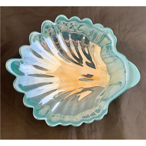 Mid-century Modern Art Glass 1960s Seashell Candy Dish Teal Blue Slag