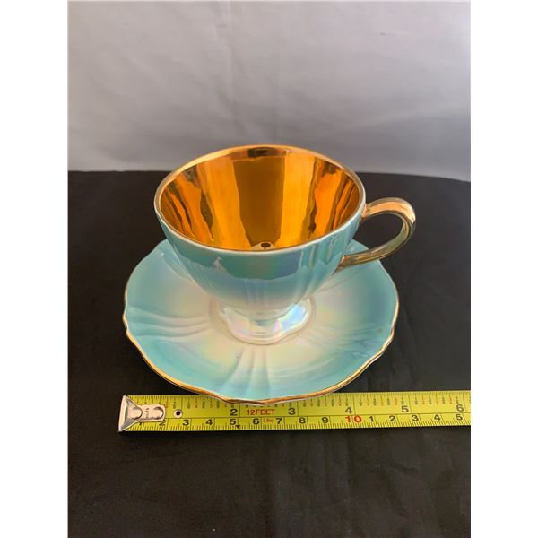 Lustre Teal and Gold Worchester China Teacup and Saucer