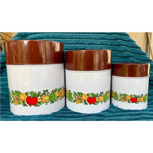 Mid Century Modern Marked MC Japan "Spice of Life" 3-Pc. Tin Enameled Canister Set (Great Condition)