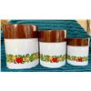 Image 1 : Mid Century Modern Marked MC Japan "Spice of Life" 3-Pc. Tin Enameled Canister Set (Great Condition)