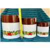 Image 3 : Mid Century Modern Marked MC Japan "Spice of Life" 3-Pc. Tin Enameled Canister Set (Great Condition)