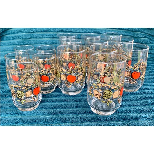 Mid Century Modern GEMCO USA  Spice of Life  (15) Glass Enameled Tumblers ([11] Water Glasses, [5] J