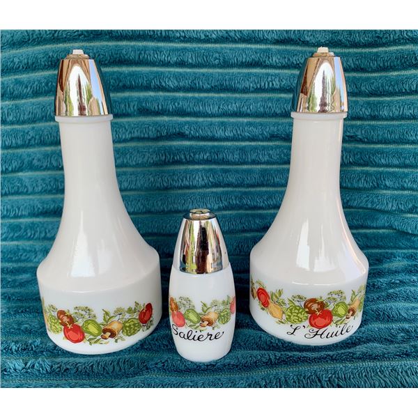 Mid Century Modern GEMCO USA "Spice of Life" Milk Glass Enamelled Oil/Vinegar/Salt Shaker Set - Rare