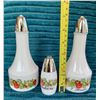 Image 2 : Mid Century Modern GEMCO USA "Spice of Life" Milk Glass Enamelled Oil/Vinegar/Salt Shaker Set - Rare