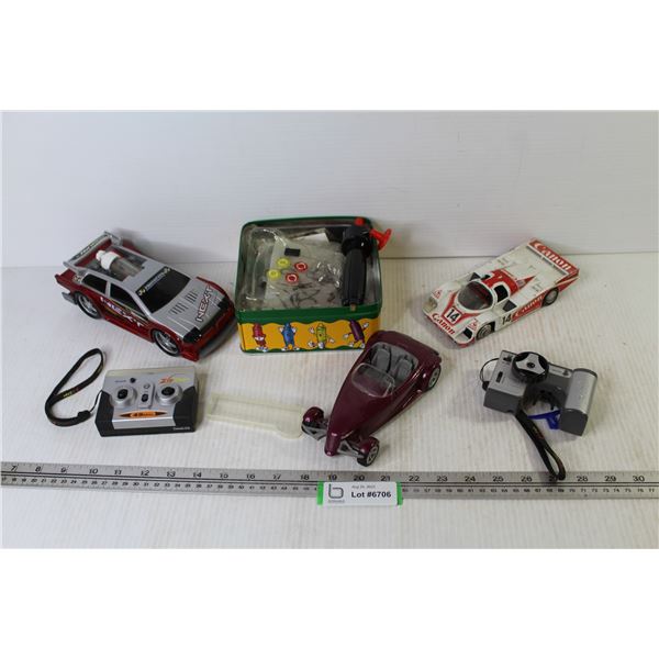 (2) Die Cast Cars - (1) Plastic Car - (2) Controllers   &  Mini Scooter with extra parts/wheels