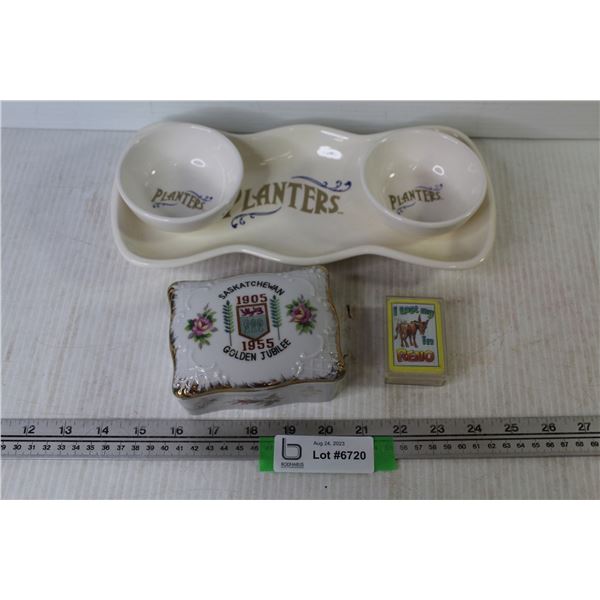 Reno Cards - Planters Nut Platter w/Bowls - Saskatchewan Golden Jubilee Dish w/Lid