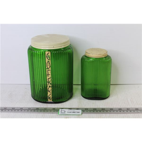 (2) Vintage Green Glass Cannisters