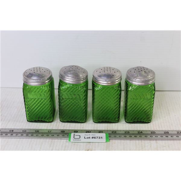 (4) Vintage Green Glass Cheese/Spice Shakers