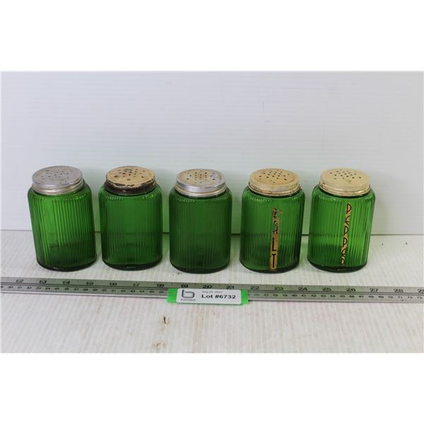 (5) Vintage Green Glass Cheese/Spice Shakers