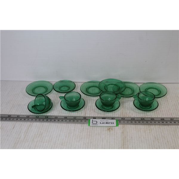 (4) Green Glass Tea Cups - (10) Saucers