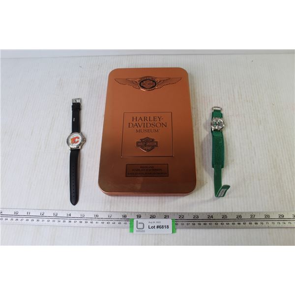 Metal Harley Case (empty) - Saskatchewan Riders Watch (not running) - Calgary Flames Watch (not runn