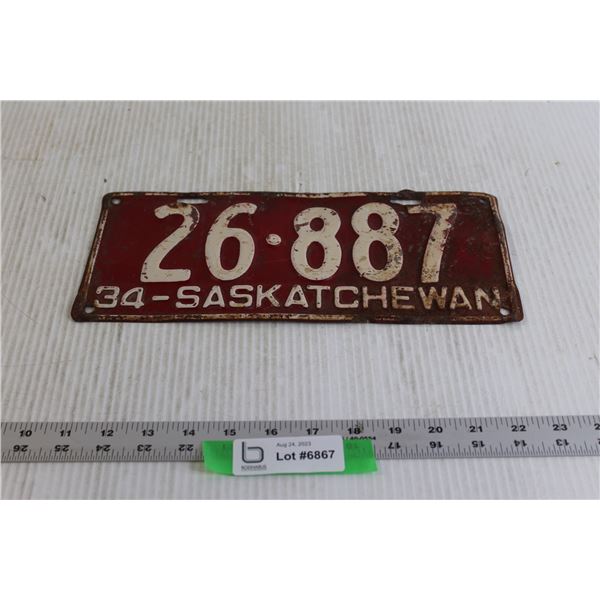 Saskatchewan License Plate - 1934