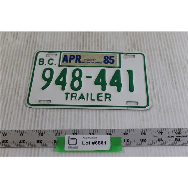 British Columbia Trailer Plate - 1985