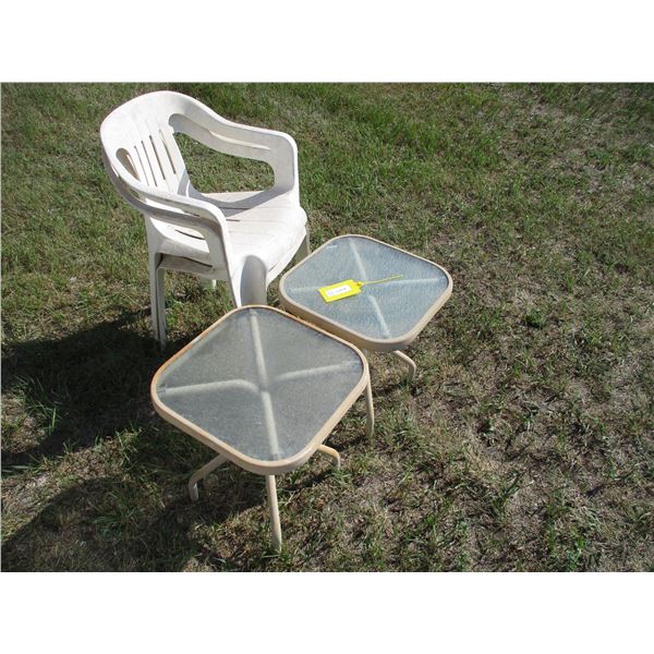 (2) Outdoor Glass Table (16x16"), (2) Plastic Lawn Chairs (Offsite)