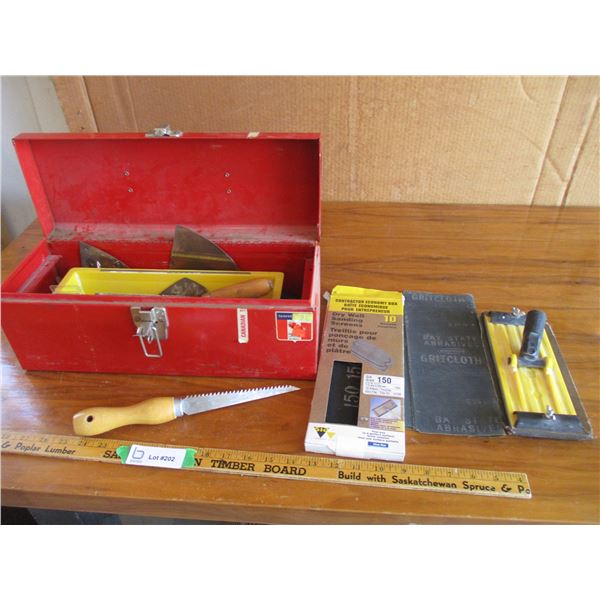 Tool Box with Drywall Related Tools (Sandpaper, Trowels Misc.) (Offsite)