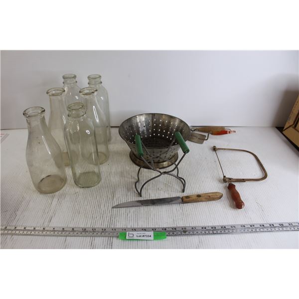 (6) Glass Milk Bottles, Coping Saw, Misc.