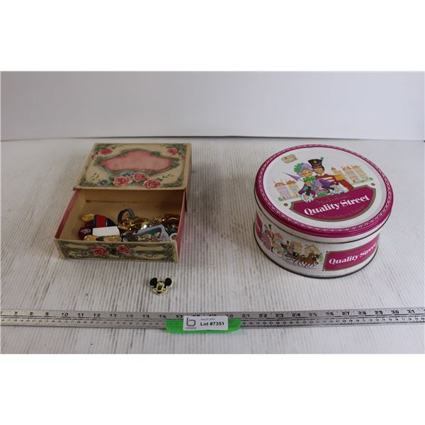 Mackintosh's Quality Street Tin, Mickey Mouse Pin, Cardboard Jewelry Box, Assorted Jewelry