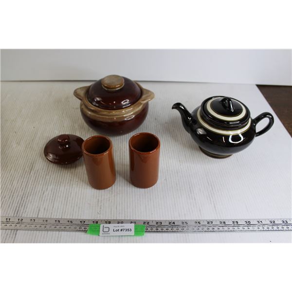 Bean Pot, Teapot, (2) Cups, Teapot Lid