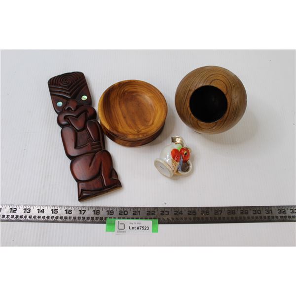 Assortment of Wooden Pieces and Glass Bird Cup