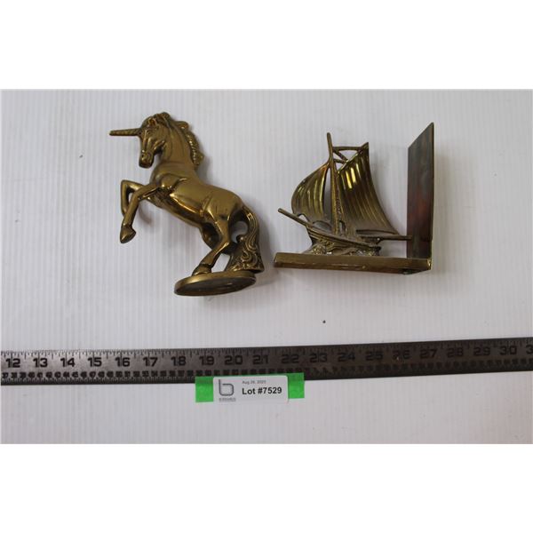 (2) Decorative Brass Ornaments- Unicorn and Ship