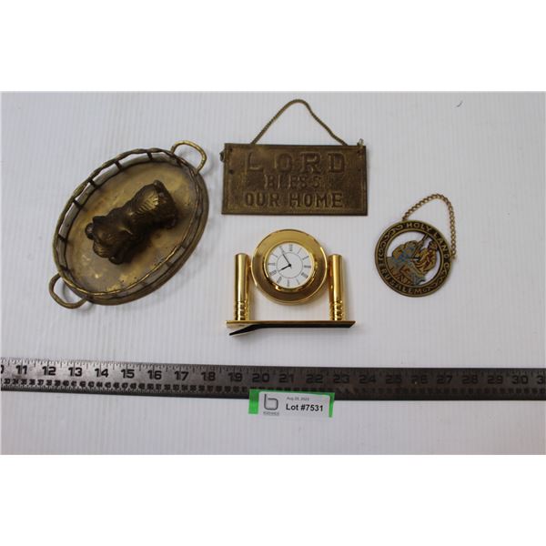 Assorted Brass Trinkets, Signs, and Clock