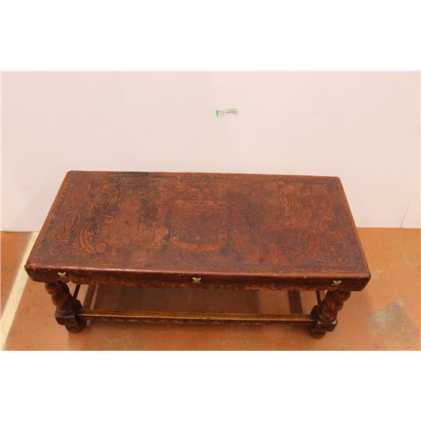 *Leather Covered Oak Bench with Barley Twist Legs - 16  x 37  x 16 1/2 