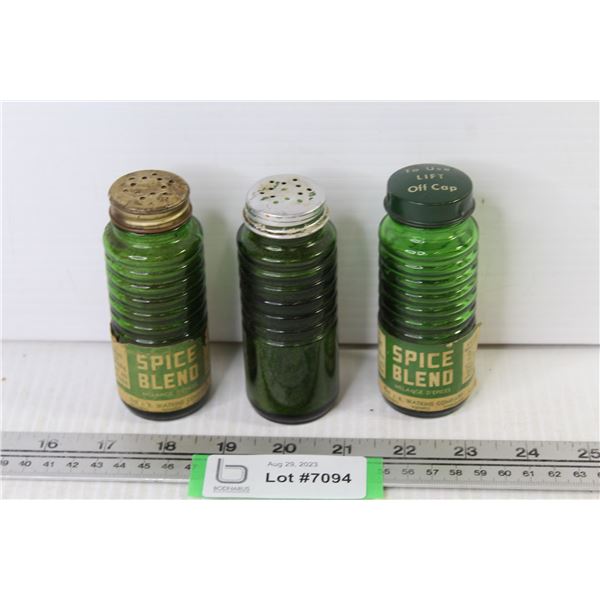 (3) Vintage Green Glass Spice Shakers